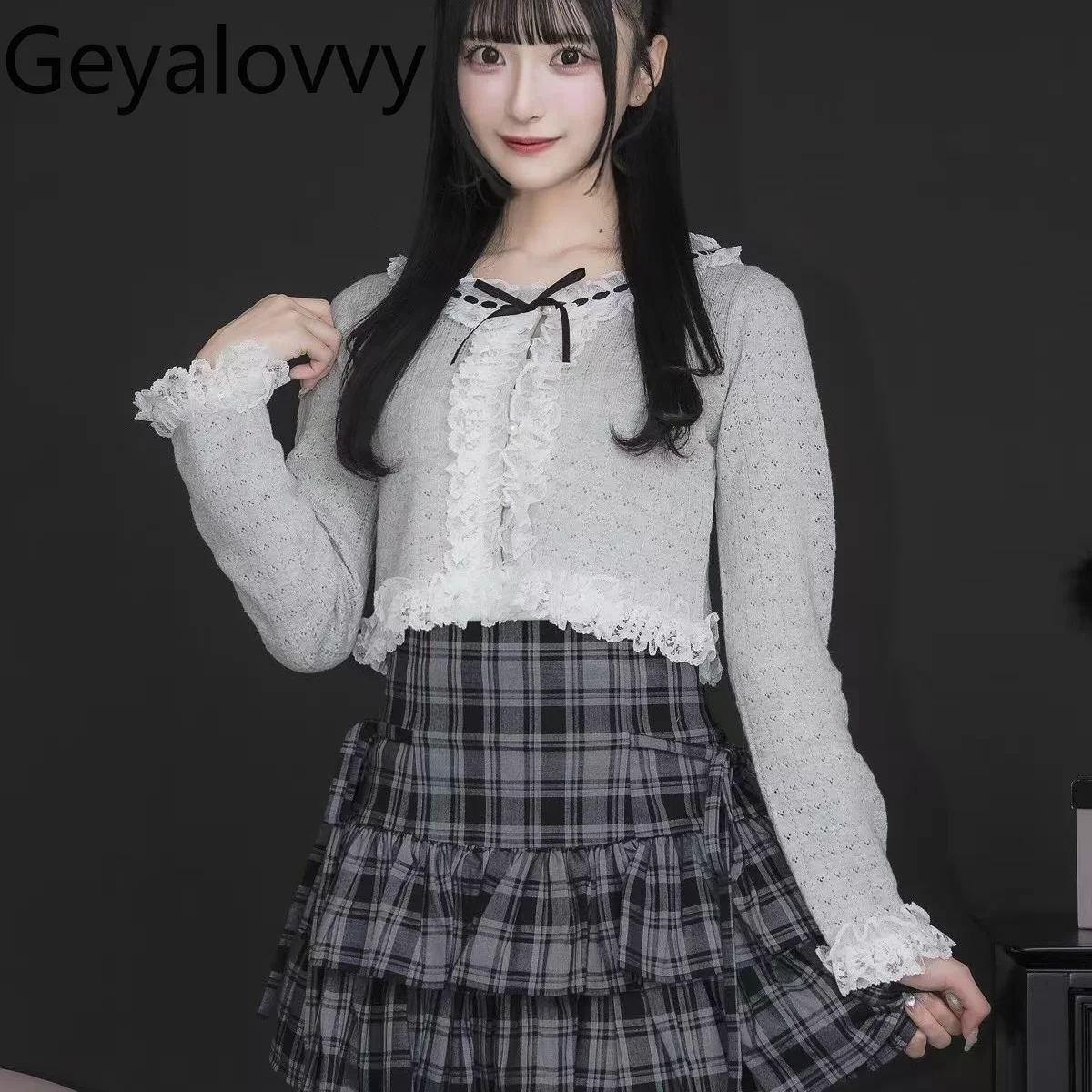 

College Style Japanese Sweet Round Neck Single-Breasted Short Cardigan Coat Lace Patchwork Bow Knitted Sweater Autumn New