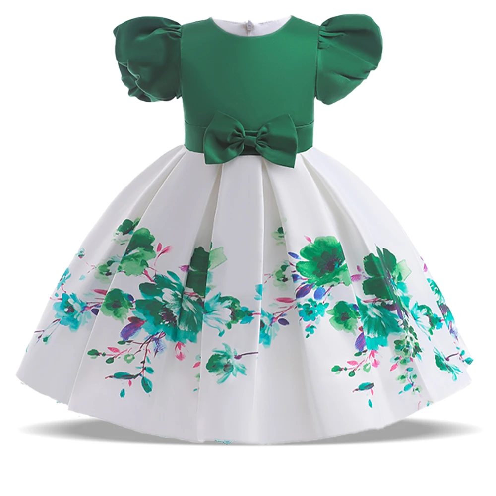 Summer Flower Print Party Dress For Girl Children Costume Puff Sleeve Bow Wedding Girl Princess Dresses Bridesmaid Birthday Gown