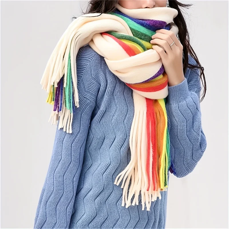 Rainbow Scarf Women Autumn And Winter Air Conditioning Shawl Dual-purpose Imitation Cashmere Thickened Knitted Wool Neck Scarf