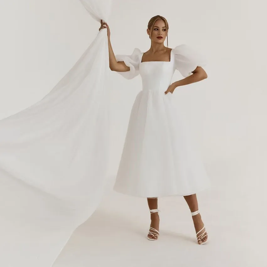 Maßgeschneidertes neues weißes Baumwoll-Damenkleid 2026, modisch, quadratischer Kragen, kurze Ärmel, Midi-Kleider, elegantes klassisches weibliches Kleid