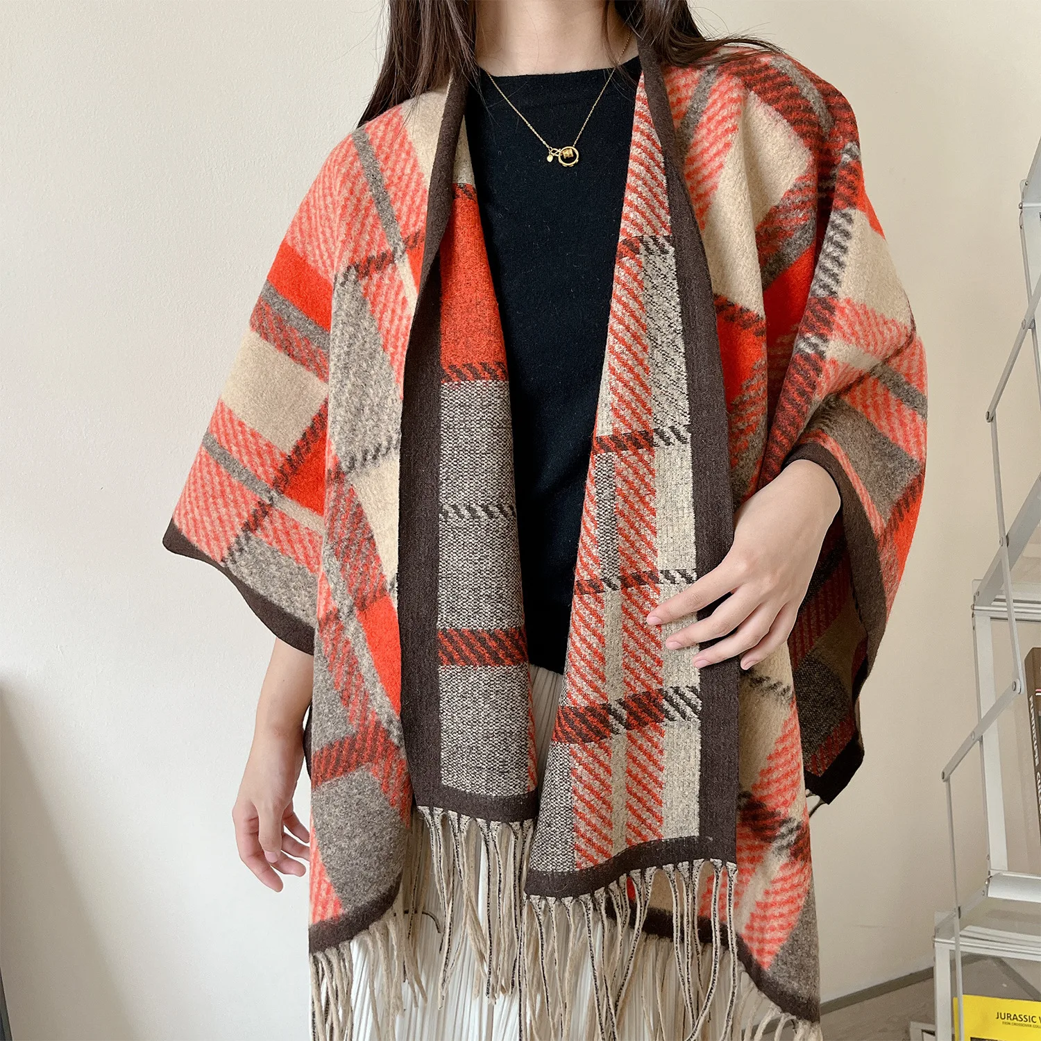 

2023Winter British Plaid Touring Shawl Dual Use High end Ethnic Style Women's Scarf Thickened and Warm Wrapped with Tassel Shawl