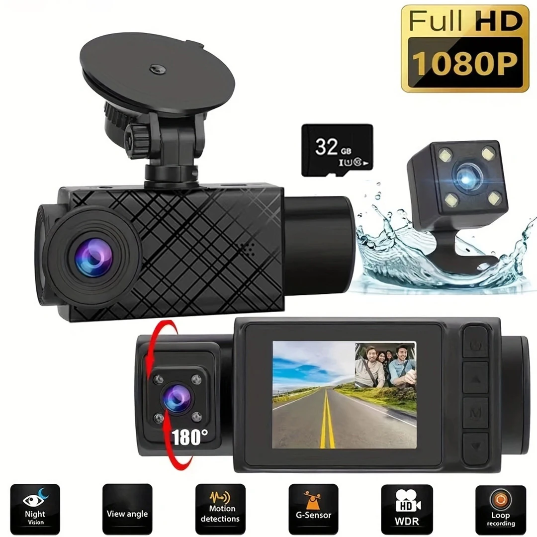 

1080P HD Car Dash Recorder 2.0 Inch IPS Screen 3 Camera HD Night Vision Automatic Cycle Recording Parking Monitoring Car DVR