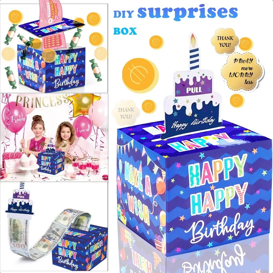 Birthday Money Box for Cash Gift Pull Surprise Money Roll Gift Box with Pull Out Card and 30 Transparent Bags DIY Set Funny Way
