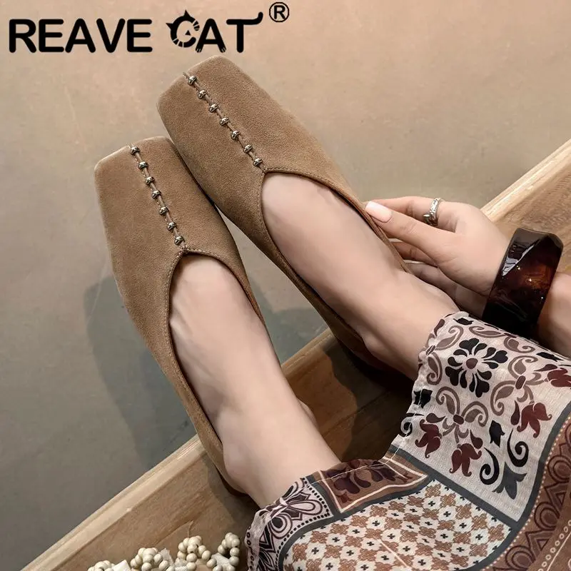 

REAVE CAT Brown Genuine Suede Leather Women Flats Square Toe Slip On Casual Daily Loafers Shoes Large Size 40 Handmade Footwear