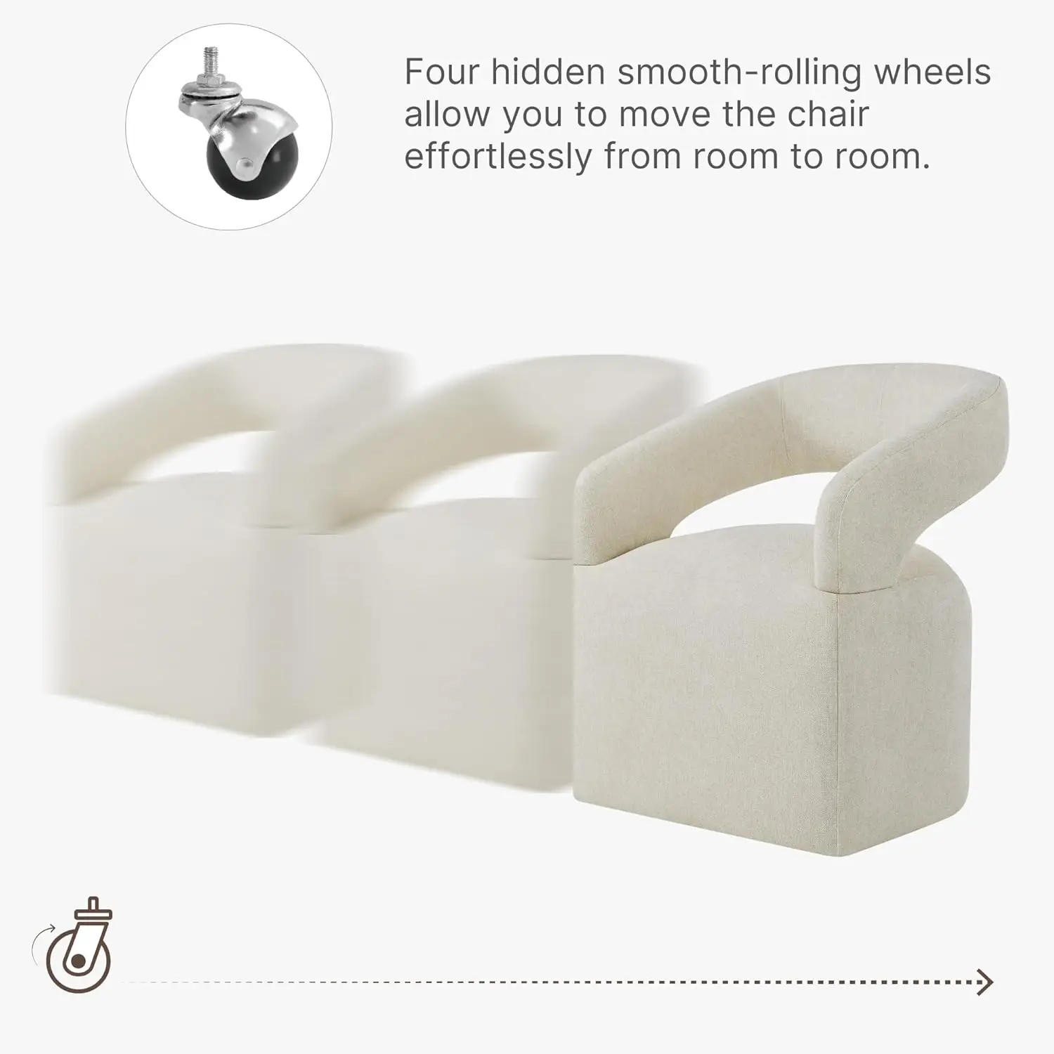 Upholstered Dining Chair with Removable Casters Barrel Side Armchair with Rollers for Diningroom Bedroom Livingroom Reading Room