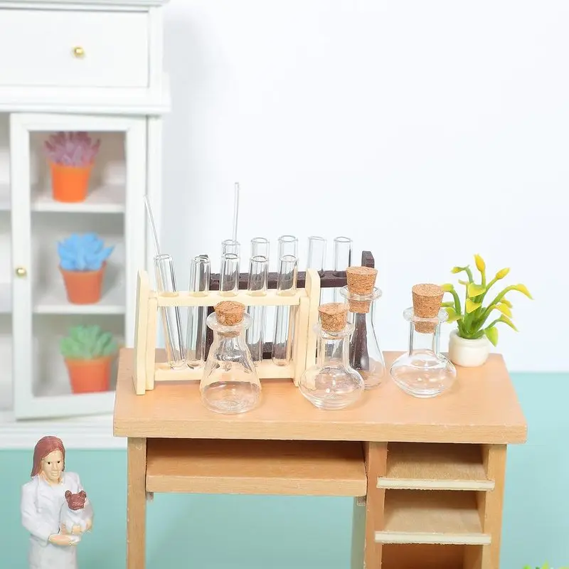 Dollhouse Mini Simulated Glass Test Tube & Measuring Cup Set, 1:12 Scale Micro Laboratory Experiment Props with Wooden Rack