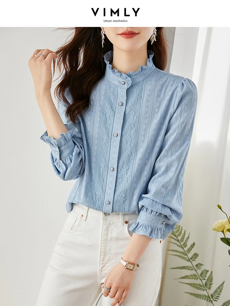 Vimly Ruffles Stand Collar Embroidery Shirt for Women Autumn 2023 Fashion Casual 100% Cotton Button Up Shirts Long Sleeve Tops