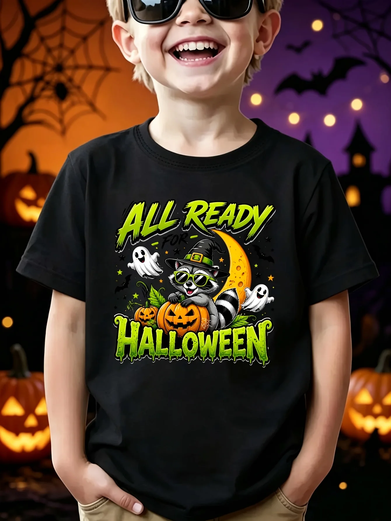 Kids Boys Girls Parent Child Matching Tee Halloween Raccoon Ghost Pumpkin Graphic Print Short Sleeve Crew Neck Soft Daily Tee