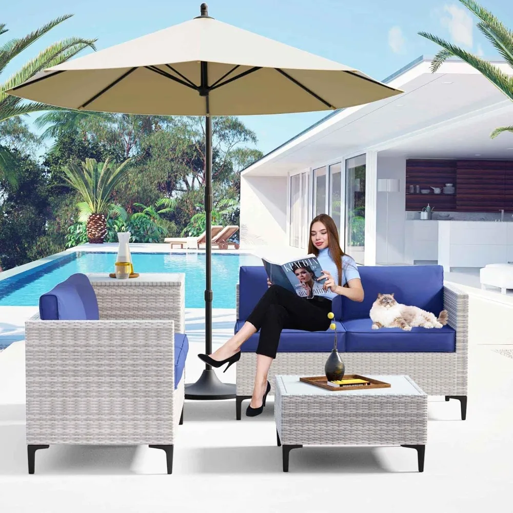 4pcs Outdoor Patio Furniture Set, Outdoor Loveseat Couch, Waterproof Rattan Patio Sectional Sofa with Storage,Patio Conversation