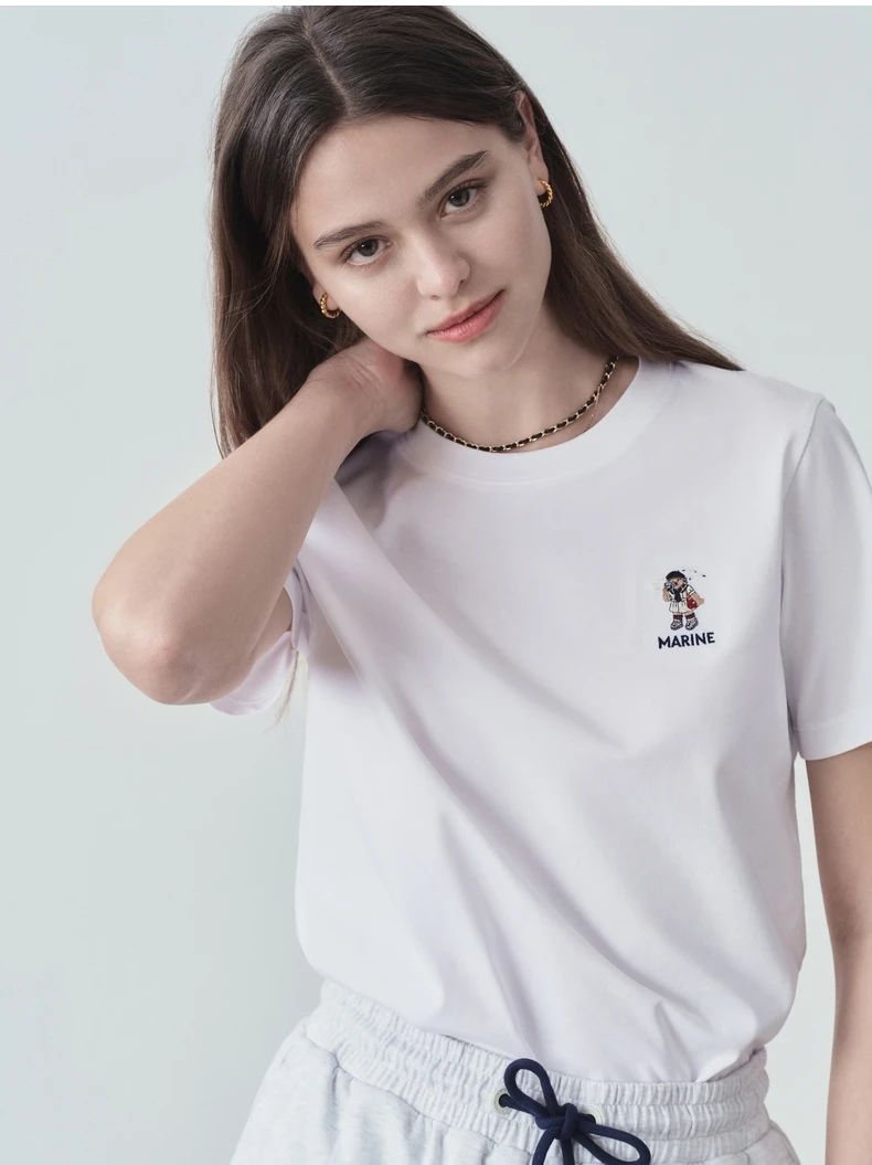 

Summer White T-Shirts For Women Thin Tees Short Sleeves Bear Embroidery Minimalist Classic Pull Girl Crop Tops