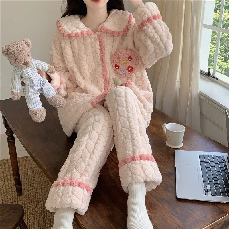 2024 New Coral Fleece Pajamas Women's Autumn Winter Sleepwear Fleece Thickened Warm Homewear Flannel Doll Collar Loungewear Set