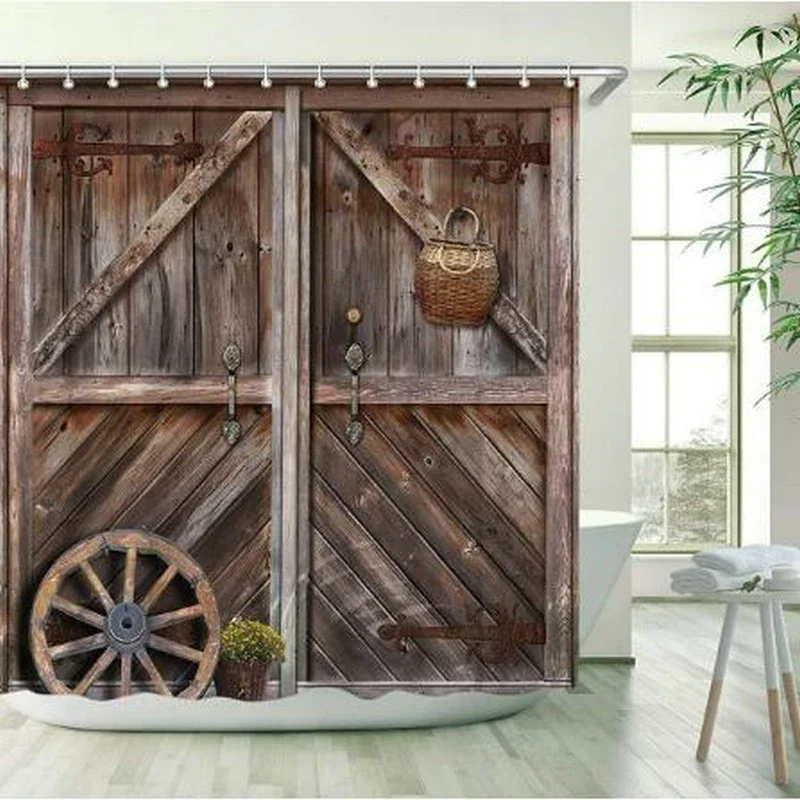 Farmhouse Door Decor Shower Curtain for Bathroom Western Country Theme Rustic Wooden Barn Door Vintage Rural Bath Curtains Set