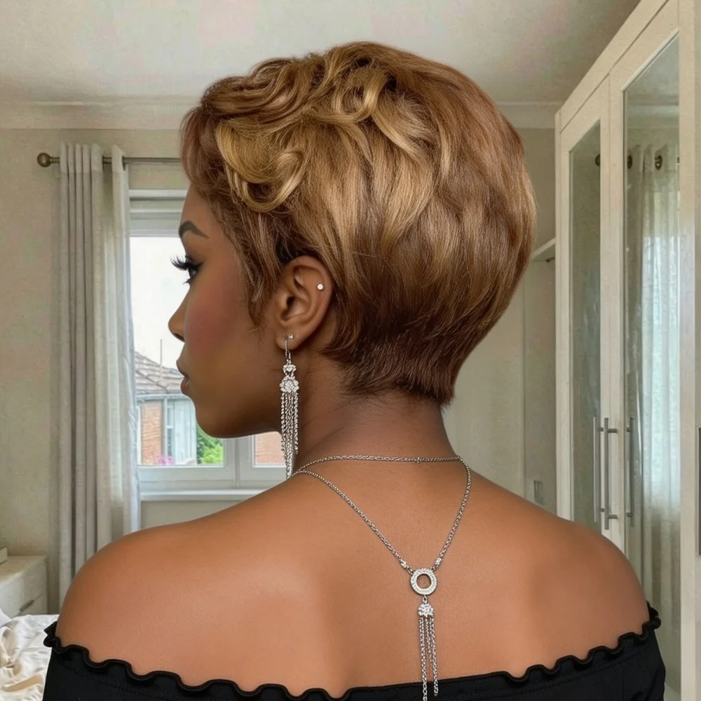 Honey Brown Pixie Human Hair Wig 13x4x1 Lace Front 180% Density For Women