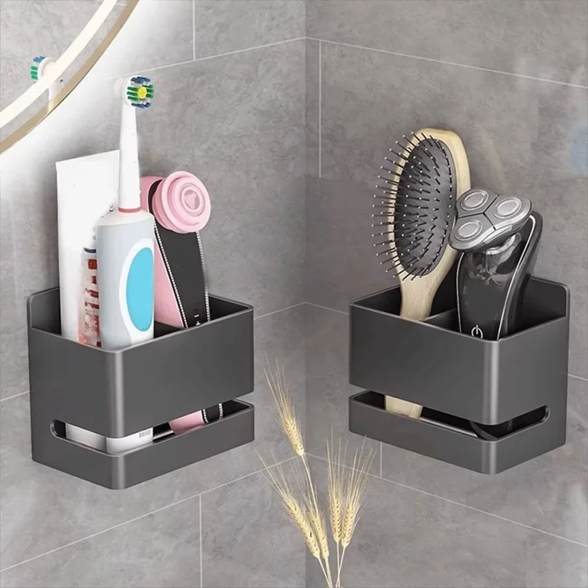 1pc Wall-Mounted Bathroom Organizer - Storage Box with Multiple Compartments for Toothbrushes, Razors & More