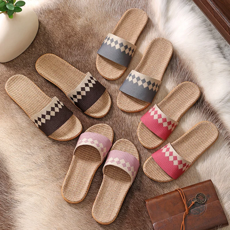 Mntrerm Square Pattern Linen Indoor And indoor Home Wood Floor Tile Slippery For Summer Season Linen Open Toe Straw Slippers