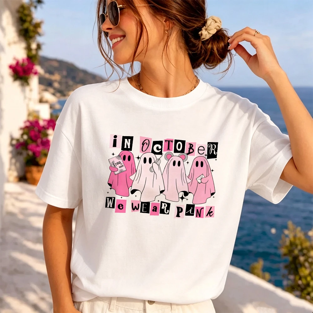 Retro Scrapbook Pink Ghosts Women Vintage Collage Graphic Tee Magazine Cutout October Top Coffee Shop Hangout Wear