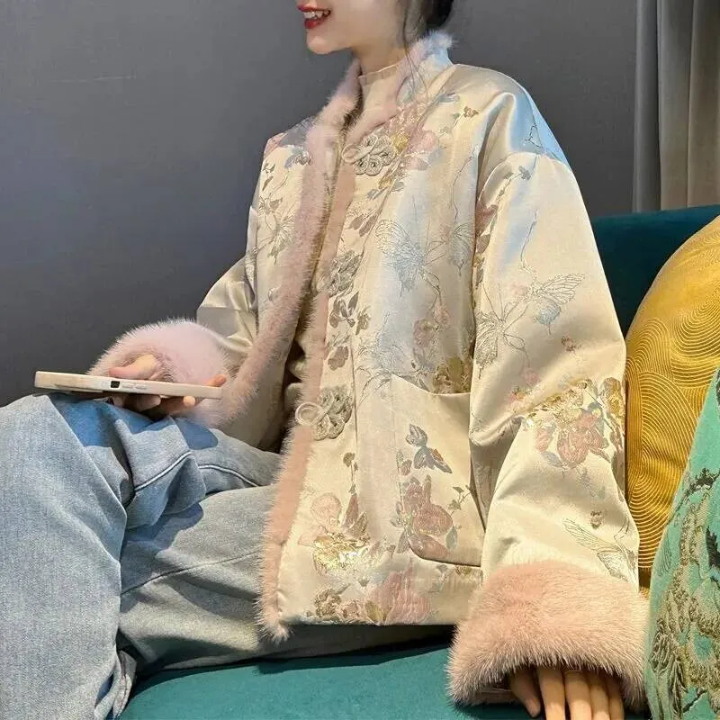 

Новинка 2023 года, весенне-осеннее женское меховое лоскутное жаккардовое китайское пальто Тан с цветочным принтом, женские винтажные свободные пальто с цветком Добби