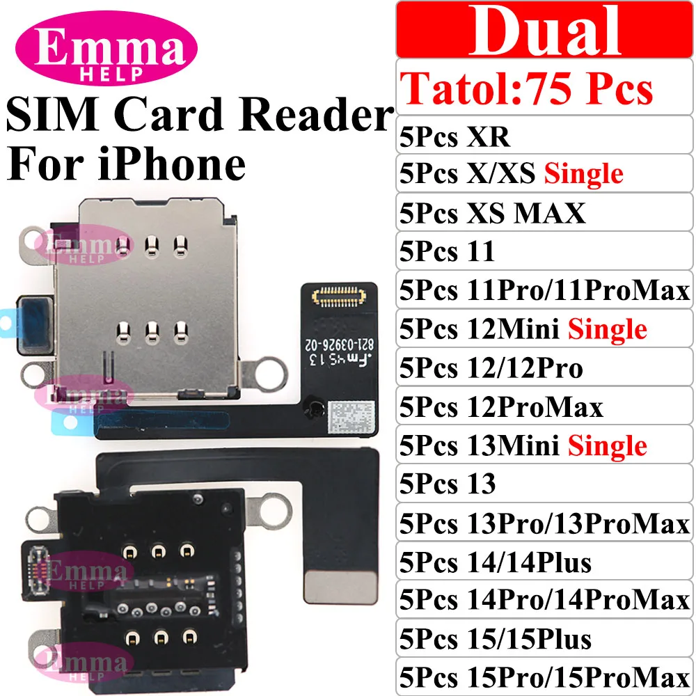 EmmaHelp Dual Sim Card Reader Connector Flex Cable For IPhone 11 12 13 15 Pro Max 14 Plus XR Single Tray Slot Holder Adapter