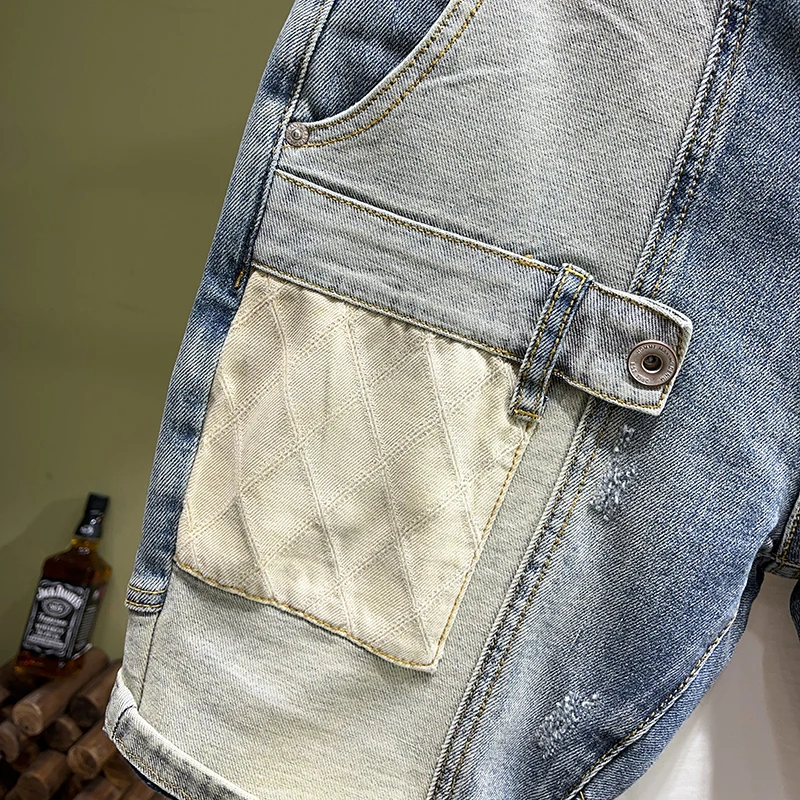 New summer high end luxury denim shorts with MEN'S panel patch slim fit straight barrel embroidery casual fashion jeans