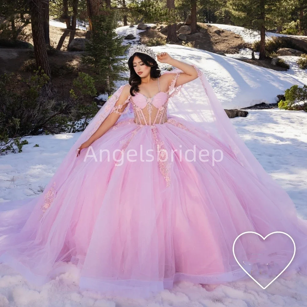 

Angelsbridep Romantic Princess Pink Ball Gown 15 Year Quinceanera Dress With Cape Girls Evening Dresses Vestidos De Fiesta