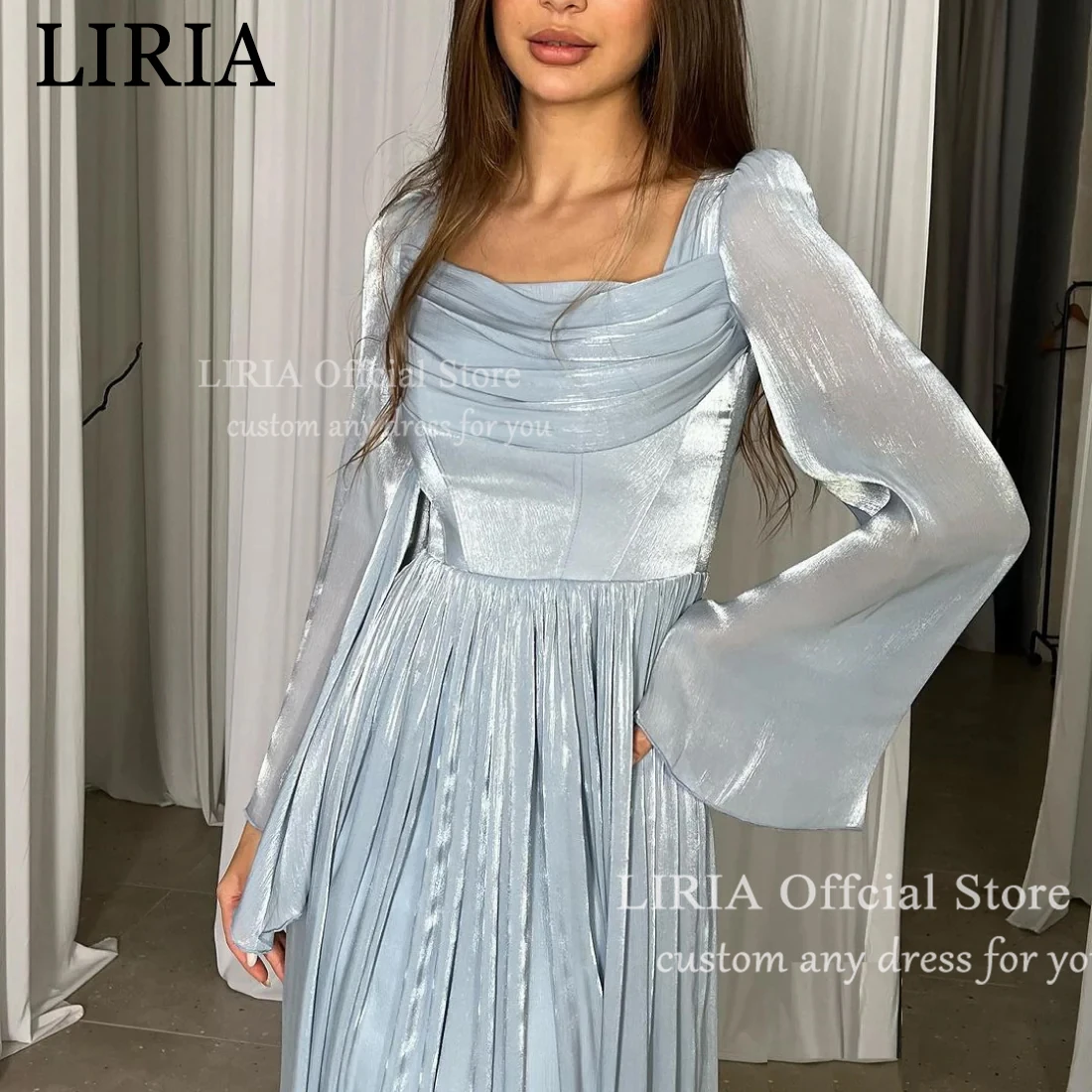 Vestidos de noche azules de sirena LIRIA, elegantes vestidos de novia personalizados sin tirantes y de manga larga, vestidos de fiesta para eventos formales