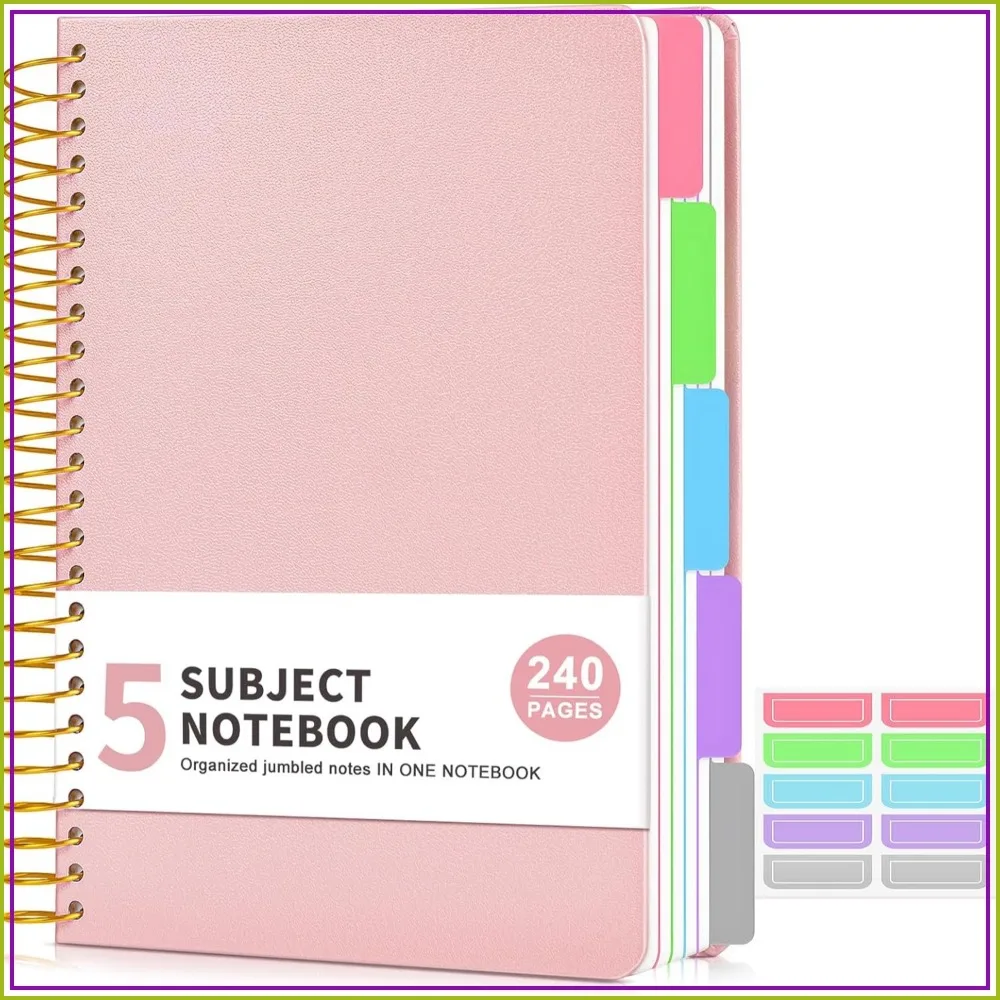 5 Subject Notebook College Ruled 240 Pages, A5 Hardcover Spiral Notebook with Removable Dividers & Tabs, Lined Journal for Women, Work School Note Taking, Pink