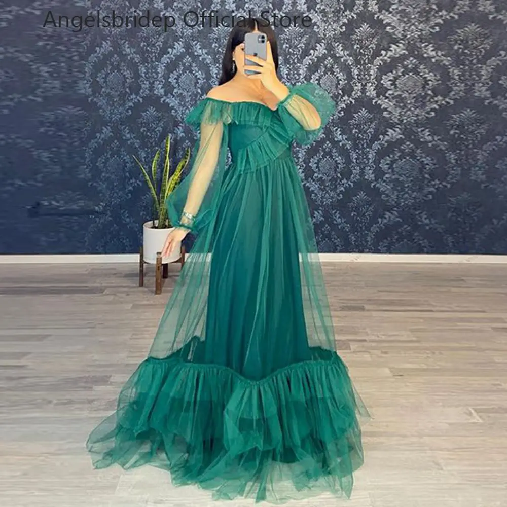 

Angelsbridep Illusion Long Sleeves Formal Evening Dress Tulle A-Line Skirt Tiered Vestidos De Festa Longo Green Prom Dresses