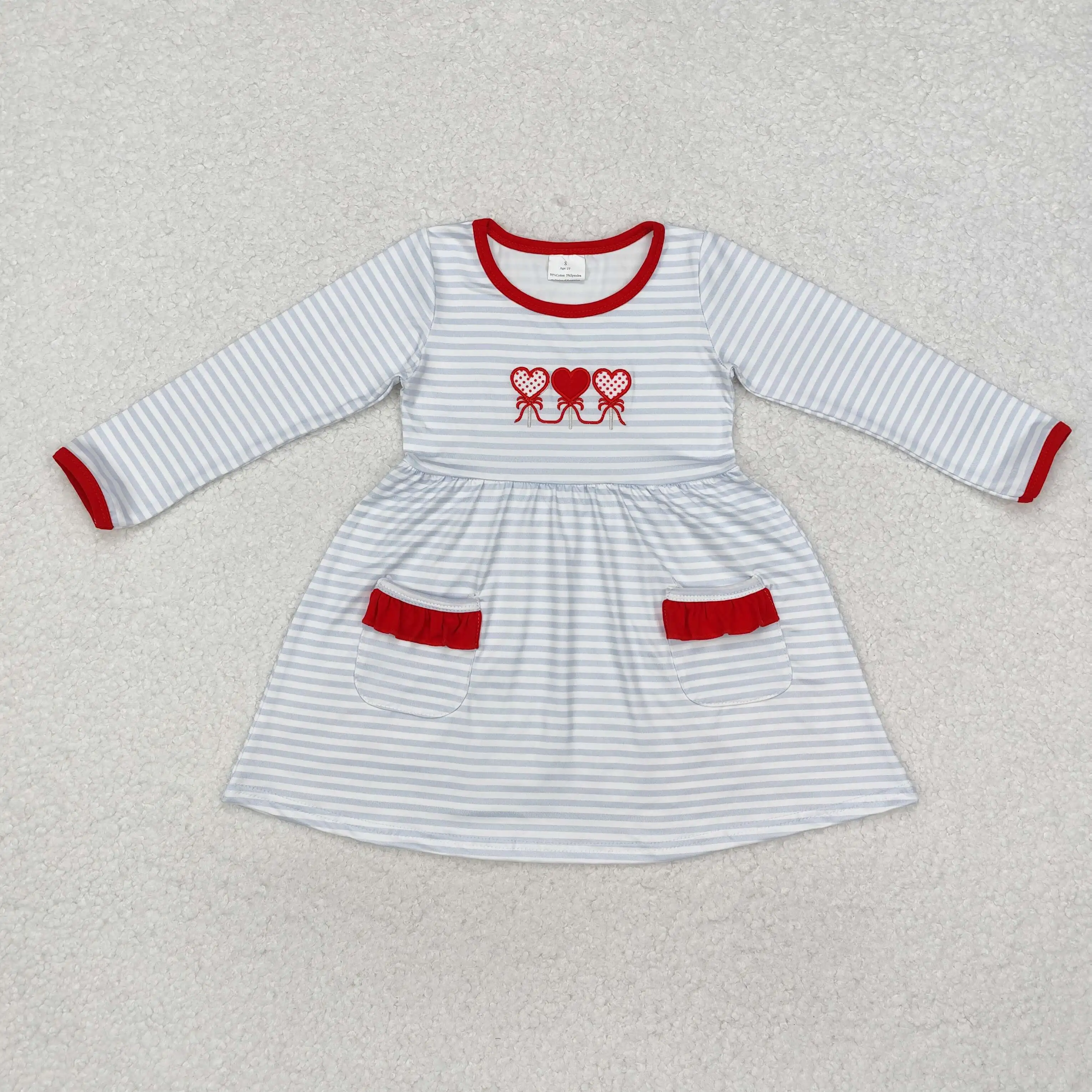 

New rts New Infant Valentine's Day Girls Dress Wholesale Boutique Embroidered Love Striped Long Sleeve Dress