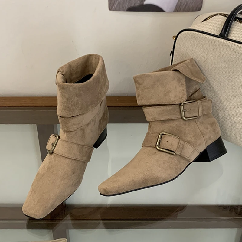 

Liyke, осенне-зимние складные плиссированные ботильоны для женщин, модная женская обувь с двойной пряжкой на ремне, на низком квадратном каблуке, Botas De Mujer