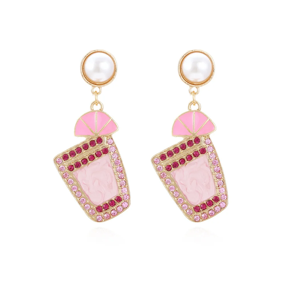 Pendientes bonitos de aleación con diseño de gota de aceite y diamantes, para bebidas frías, copa de vino, personalizados, con perlas y diamantes de colores, para jugo, leche, té, para mujer