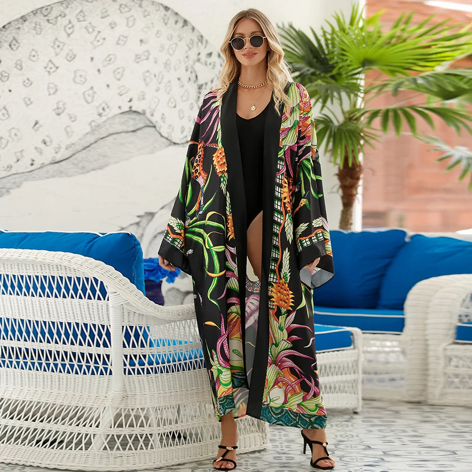 2023 Summer Beach Dresses Pareos And Kimonos Beach Women Cardigan Stitch Suits  Batwing Sleeve Silk Feeling Robe Kimono Kaftan