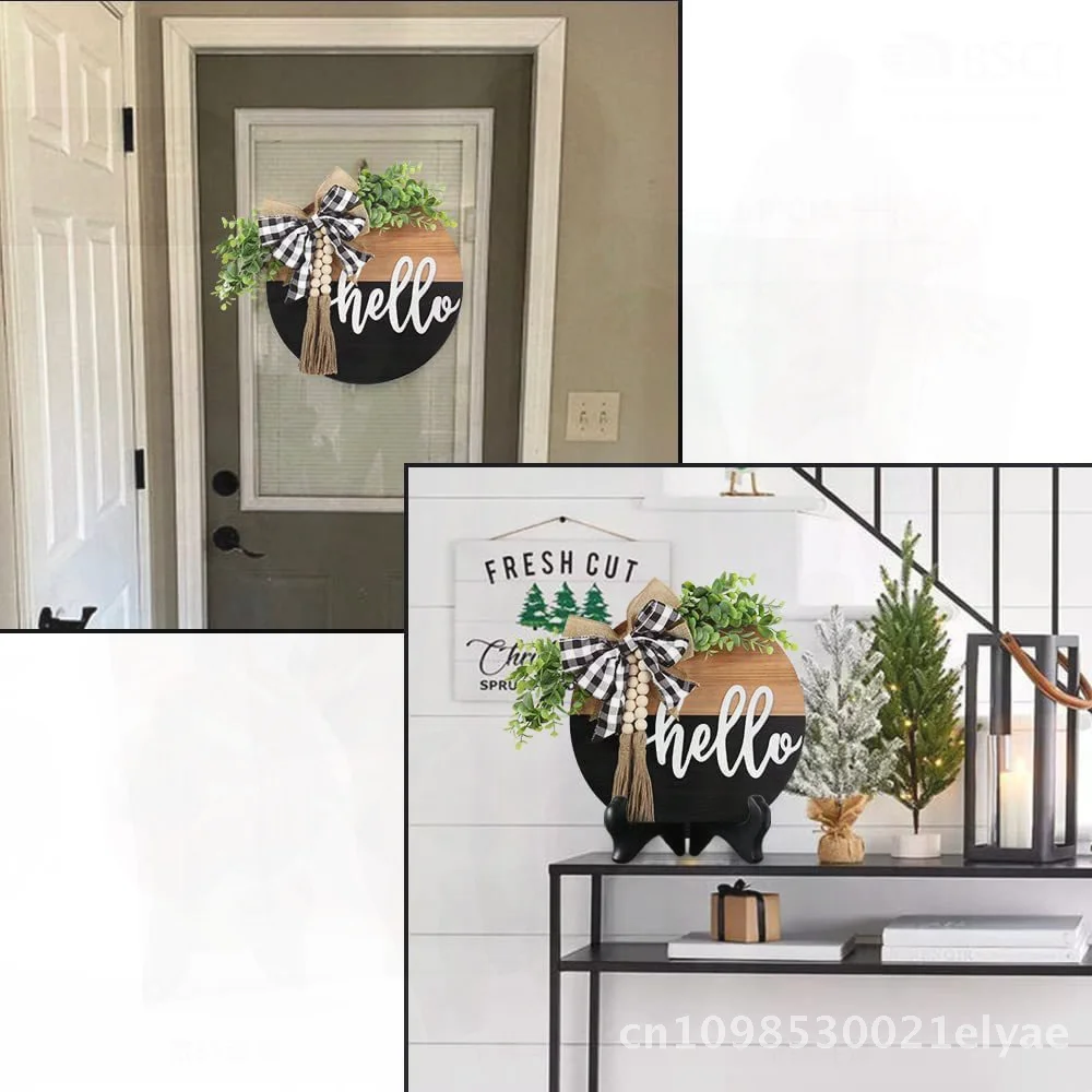 

3D Wooden Doorplate Welcome round Farmhouse Door Decoration Black Brown Two-tone Spring Summer Wreath Indoor Outdoor Hanging