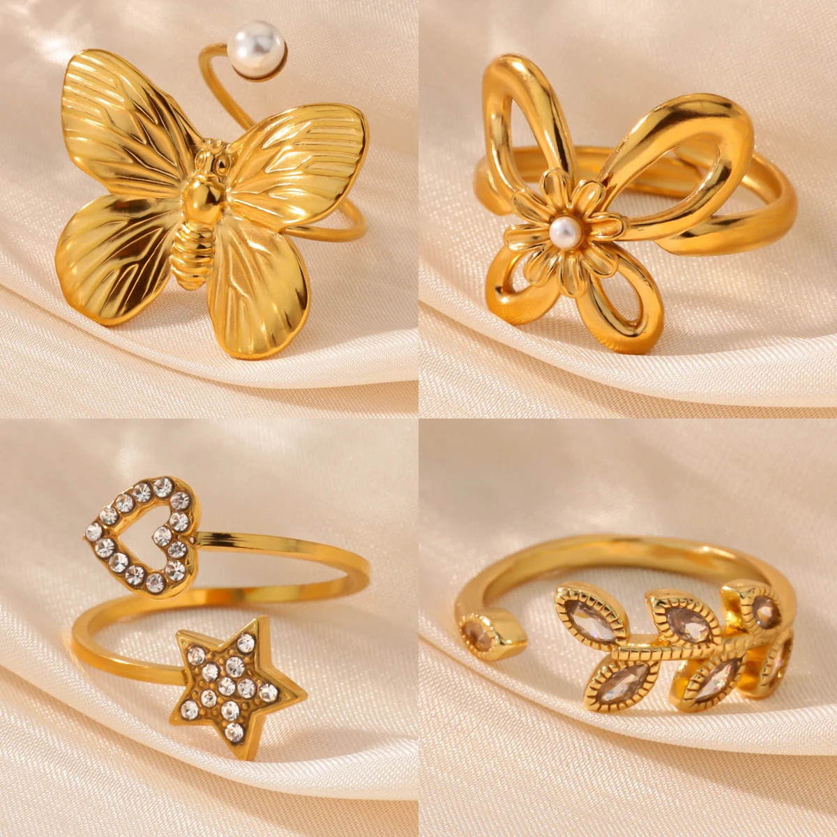 

Luxury Zircon Butterfly Leaf Heart Star Rings For Women Stainless Steel Gold Color Geometric Ring Fashion Wedding Couple Jewelry