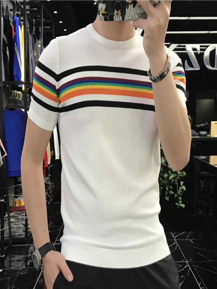 

2024 Stretched Men's Tee Shirt Patchwork Color Stripe Slim Fit Knitted T Homme O-Neck Streetwear Fashion Rainbow T-