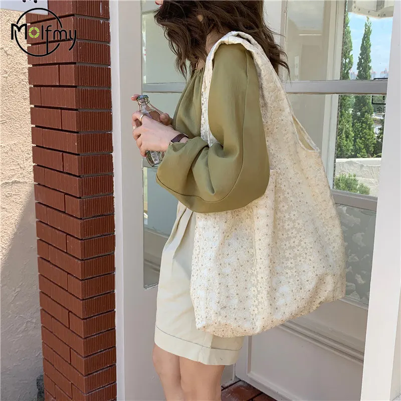 Floral Women Shoulder Bags Large Capacity Lace Ladies Casual Travel Shopping Tote Bag Vintage Thin Cotton Female Handbags Bolsa