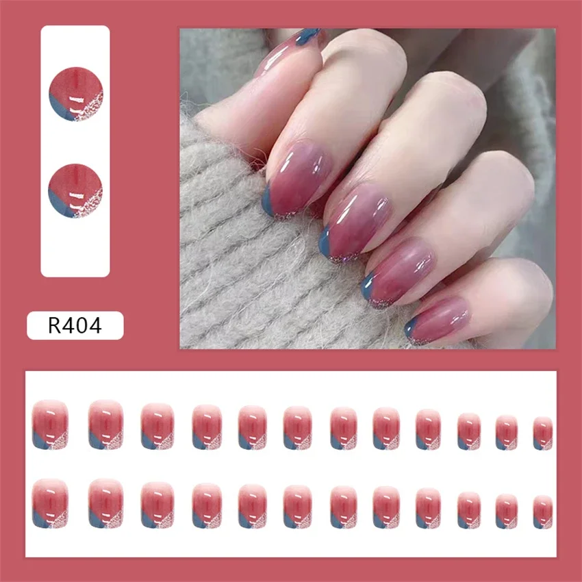 24Pcs/Set Mature Clashing Colour Swoosh Fake Nails Whitening Short Design Wearing False Nails French Acrylic Press on Nail Tips