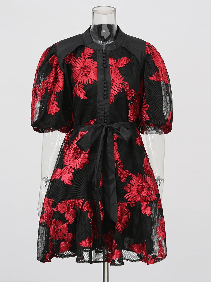 TWOTWINSTYLE 히트 컬러 슬리밍 미니 스플 라이스 버튼 드레스 여성용 옷깃 짧은 소매 높은 허리 기질 드레스 여성 신규