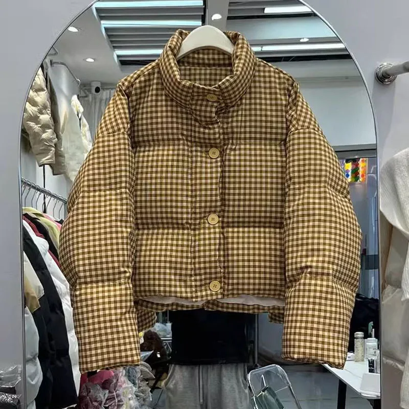 2024New Plaid Imbottiture Giacca di Cotone da Donna Breve Sezione Addensata Versione Coreana Stand-up Collare Pane Abbigliamento Cappotto da Donna