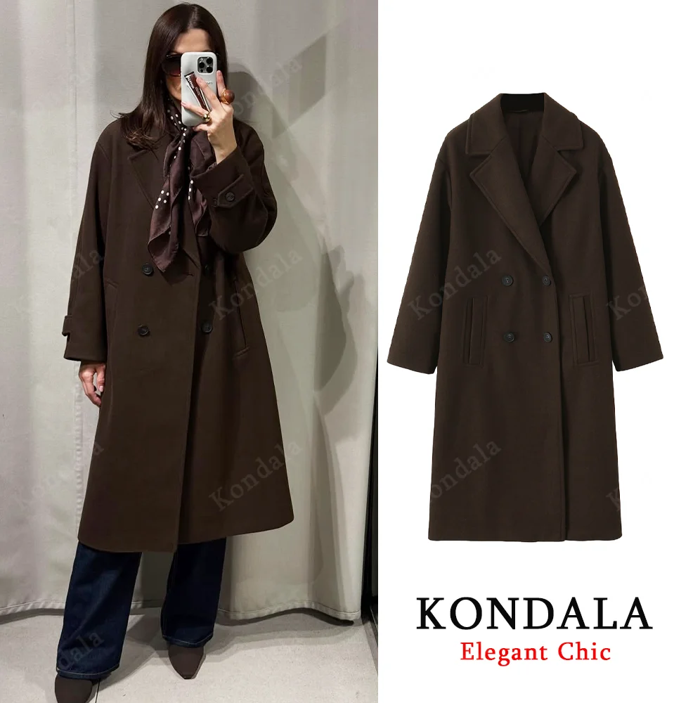 

KONDALA Women Fall Winter Elegant Blended Long Coat Lapel Double-Breasted Warm Coat 2025 Fashion Autumn High Street Lady Coat