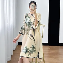 Miyake Pleated Dress Women's 2024 Summer Retro Style Large Flower Print Three-quarter Sleeve Round Neck Mid-length Elegant Dress