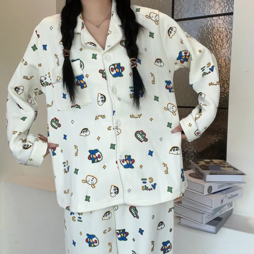 Kawaii Crayon Shinchan Winter Pajamas Set Cute Anime for Girls Air Layer Quilted Thickened Warm Long-sleeved Home Clothes Set