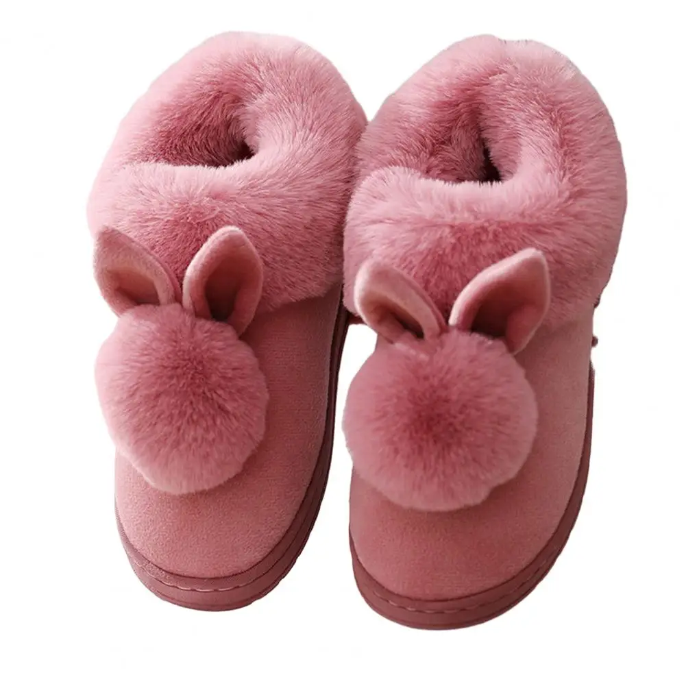 Soft Thick Sole Winter Plush Women Slippers Flat fur Fluffy Cartoon Rabbit Ear Thickened Female Slipper Cotton Shoes