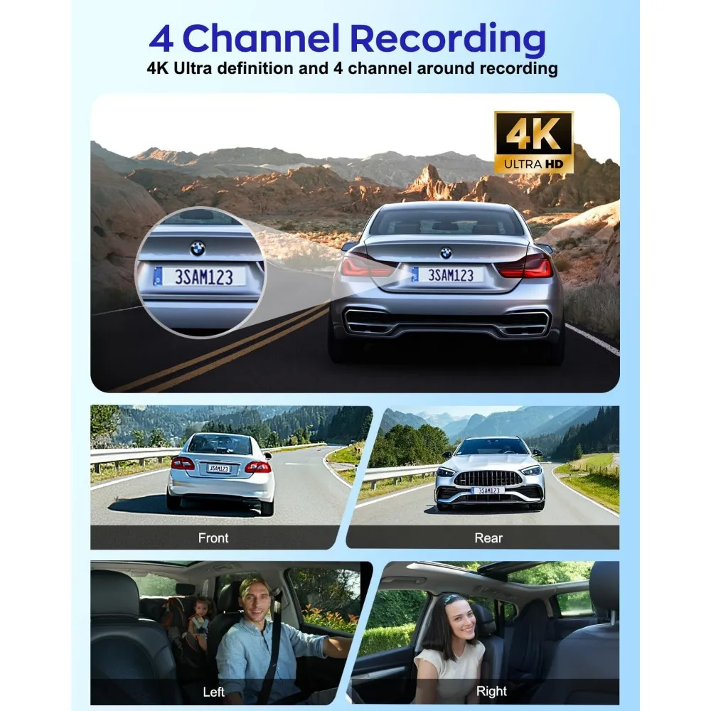 كاميرا داش 4K 360 °   عرض، كاميرا داش أمامية وخلفية ذات 4 قنوات للسيارات، نظام تحديد المواقع المدمج في 5 جيجا هرتز واي فاي، تحكم صوتي، بطاقة 128 جيجا مجانية، ليلية