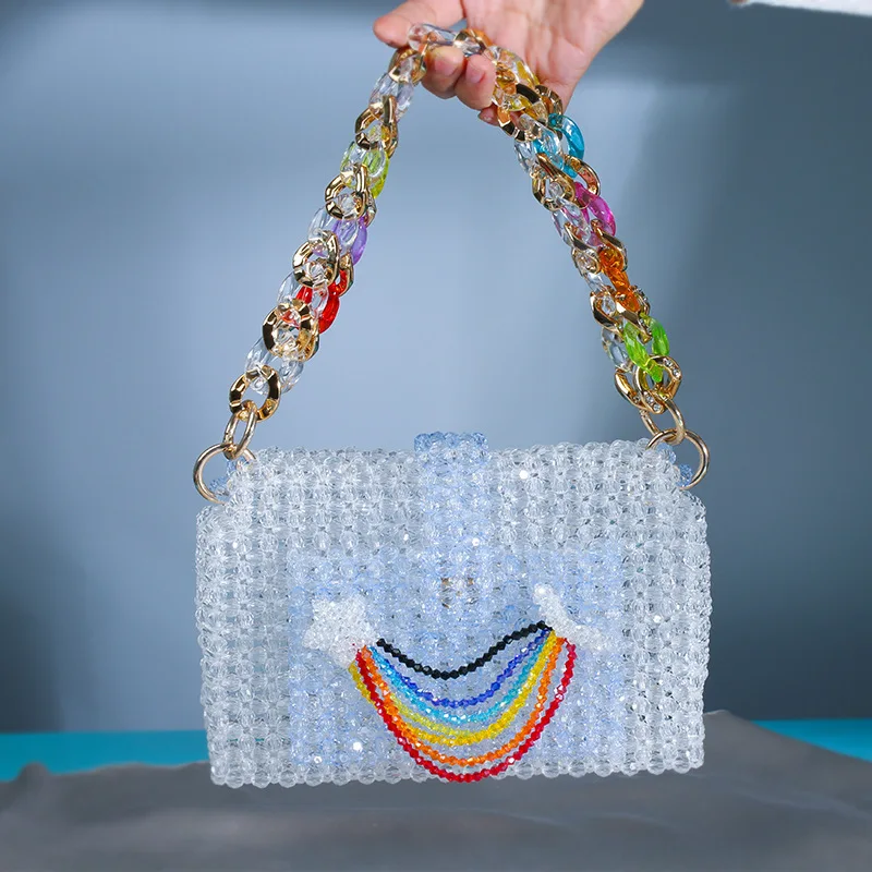 Hand-beaded Square Rainbow Messenger Bag Casual Weaving Production Creative Jelly Fashion Purse Smiley Summer2022 Bags for Women