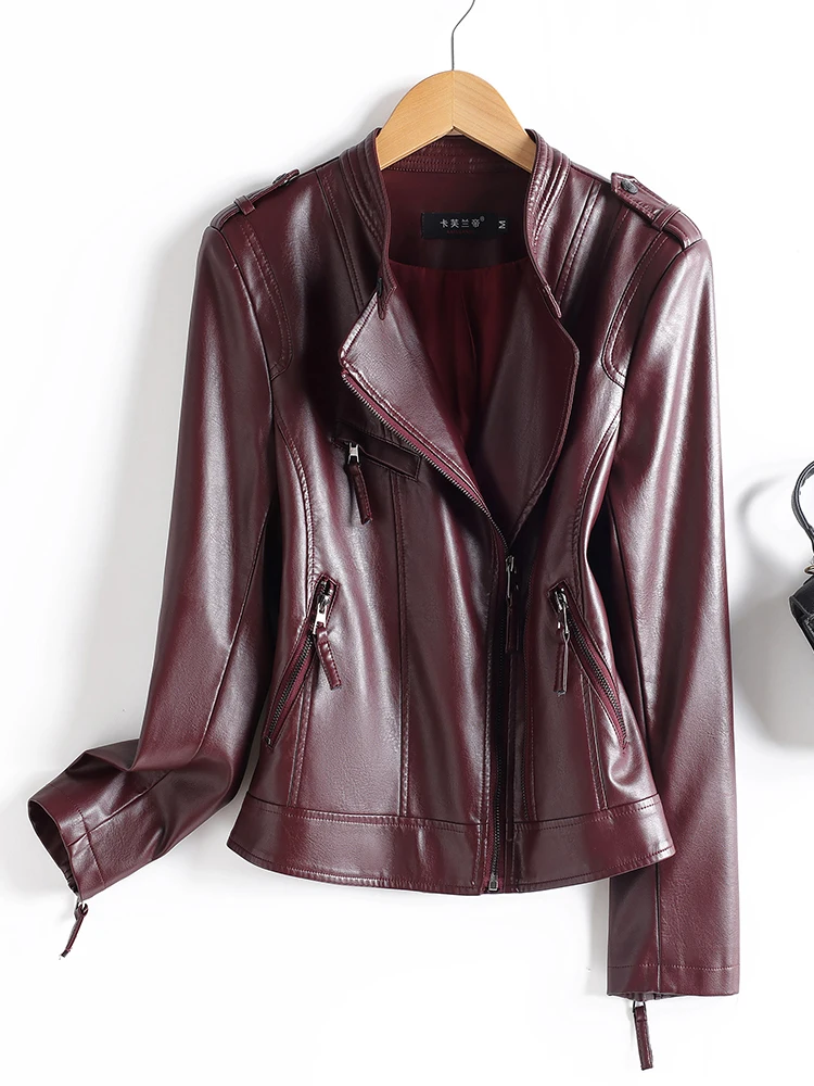 جاكيت نسائي من جلد الغنم الأصلي، بقصة ضيقة، بتصميم راكب الدراجات النارية الكوري العتيق، ملابس خارجية صغيرة بسحاب، مناسب للتنقل اليومي.