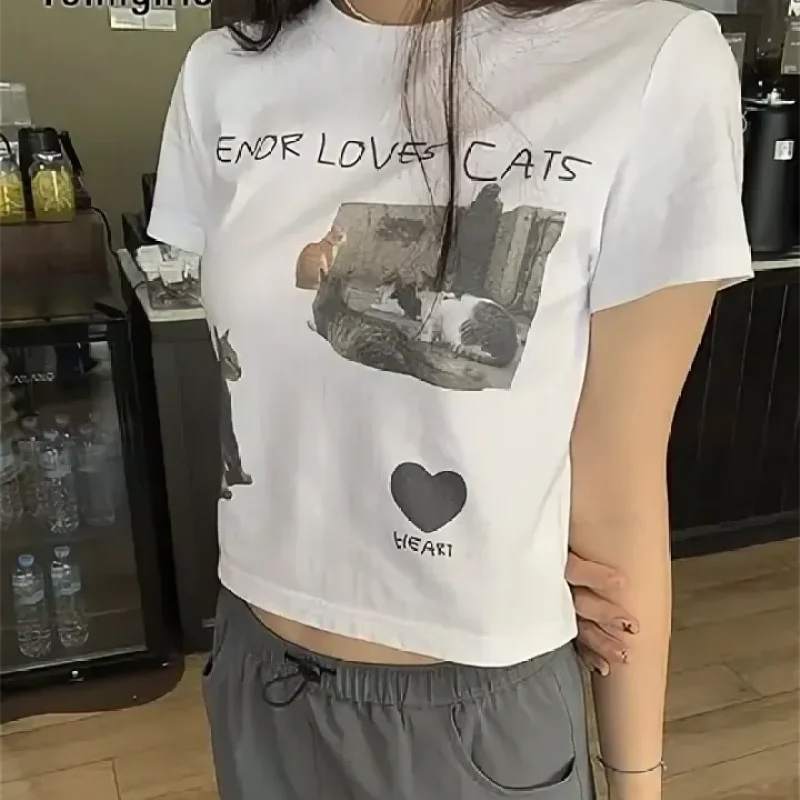 夏クリエイティブ子猫愛プリント半袖ミニショートスタイル痩身トップ多用途 Tシャツ