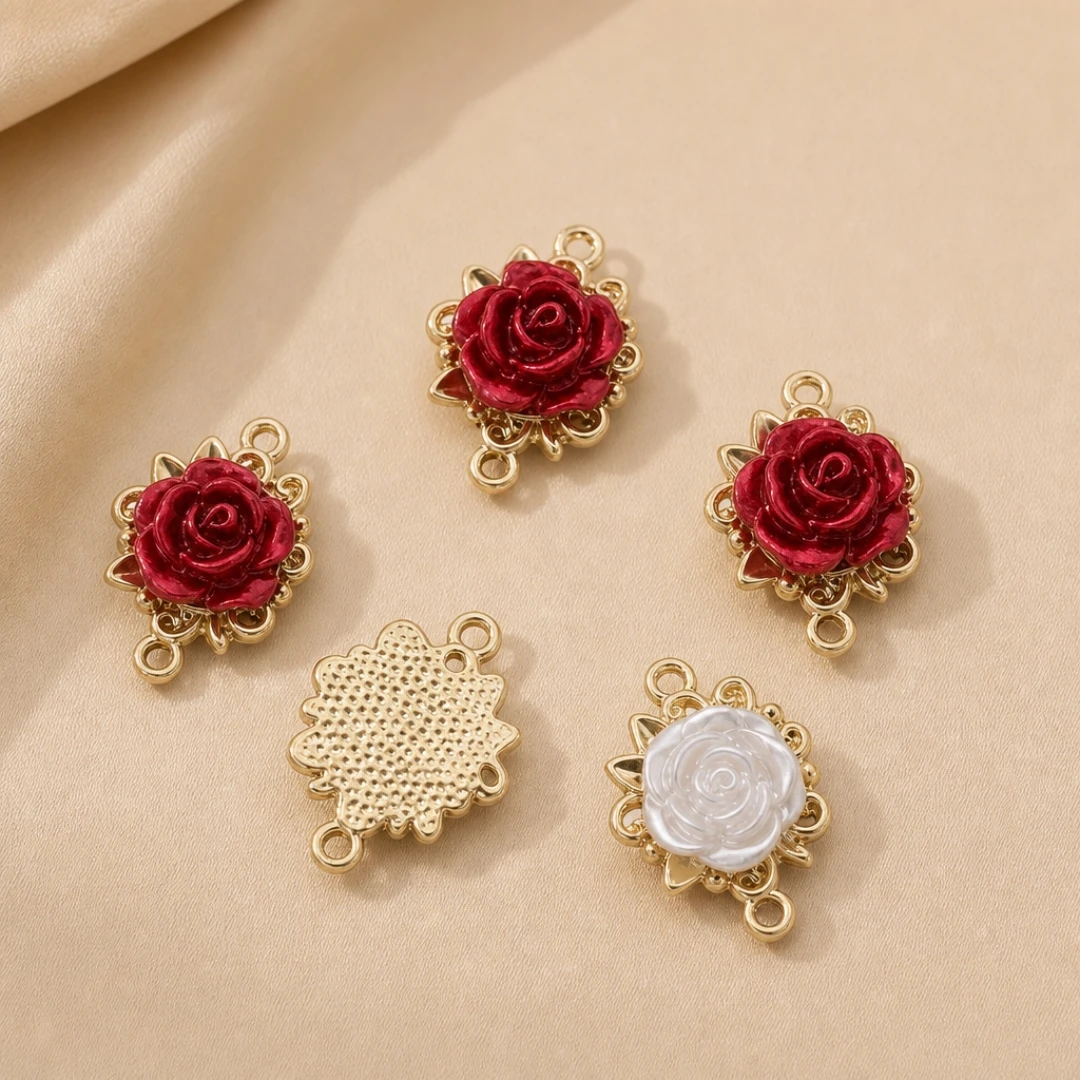 5/10pcs Rose Charms 3D Rose Flower Connector Bulk Links Valentine's Day Linking Double Loop Pendant for Jewelry Making DIY Craft