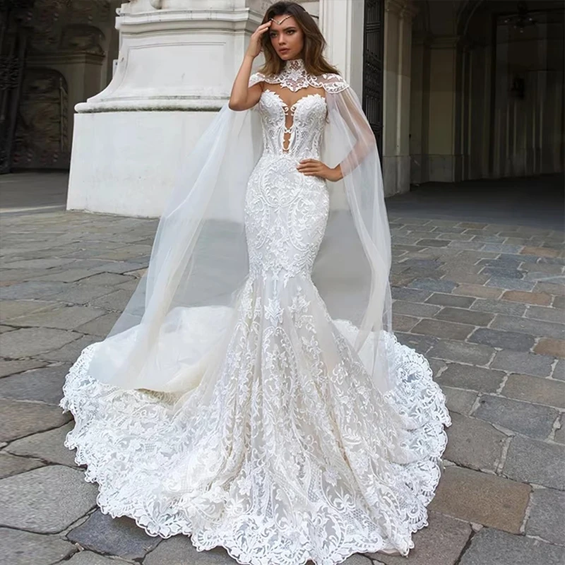 ZOCI Graceful Mermaid Wedding Dress Organza With Embroidery Ball Gown Illusion O-Neck Short Sleeves Bride Zipper Robe De Mariee