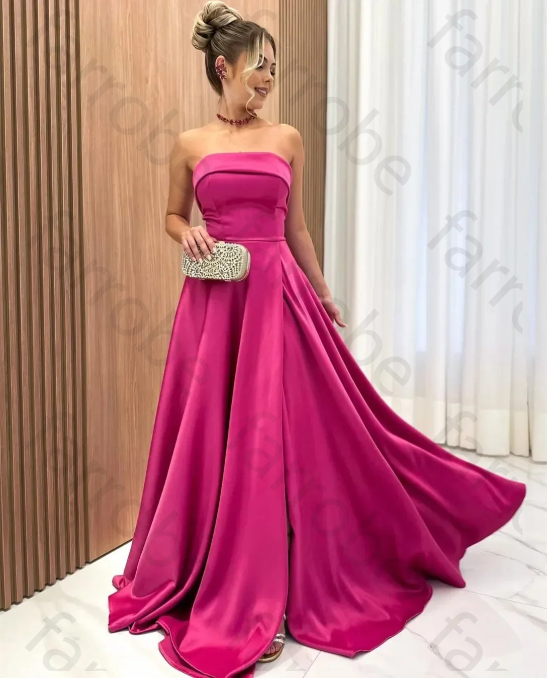 Vestidos de fiesta fucsia largos y elegantes personalizados con bolsillos Una línea sin tirantes hasta el suelo Vestidos de fiesta de noche con tren de barrido