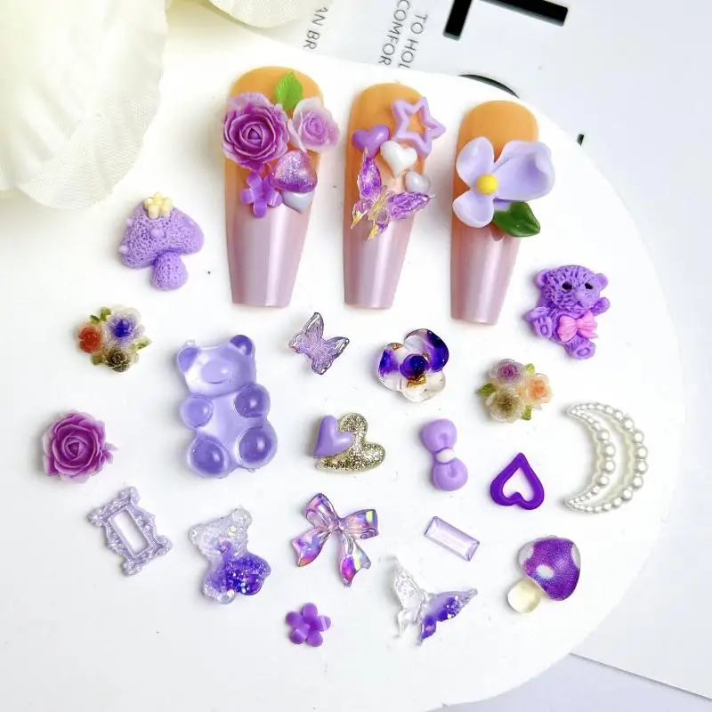 Minimalist Five-petal Flowers Bow Mixed Nail Charms Transparent Butterfly Jellyfish Heart Nail Art Decorations for Making DIY